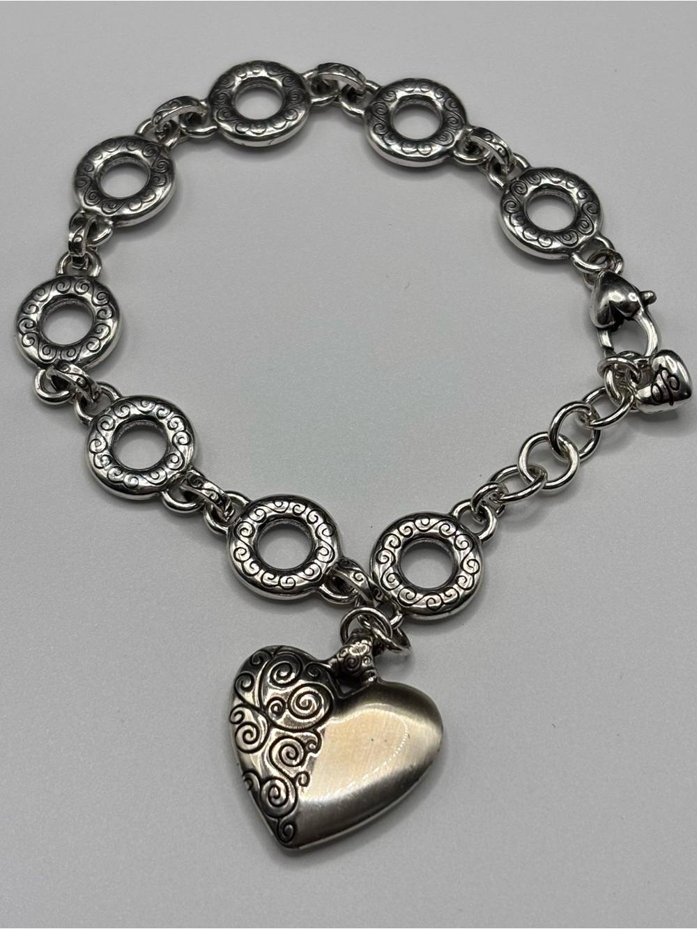 Brighton Silver Tone Scroll Link Heart Charm Bracelet